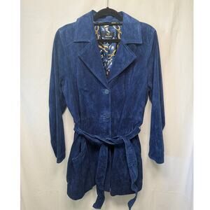 Dennis by Dennis Basso Blue Suede Leather Trench Coat, Navy Blue, Size Large